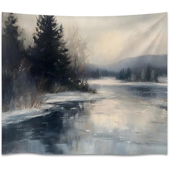 Winter Mountain Lake Tapestry Snowy Pine Forest Wall Hanging Nordic Mountain Landscape Wall Art Rustic Cabin Lodge Decor 40 x 60 Inch