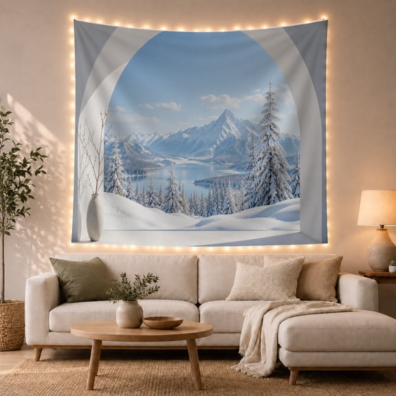 Winter Mountain Lake View Through Arched Window, Serene Boho for Nature Lovers, Tranquil Snowy Landscape Art, Christmas Gift Tapestry Wall Hanging for Bedroom and Living Room