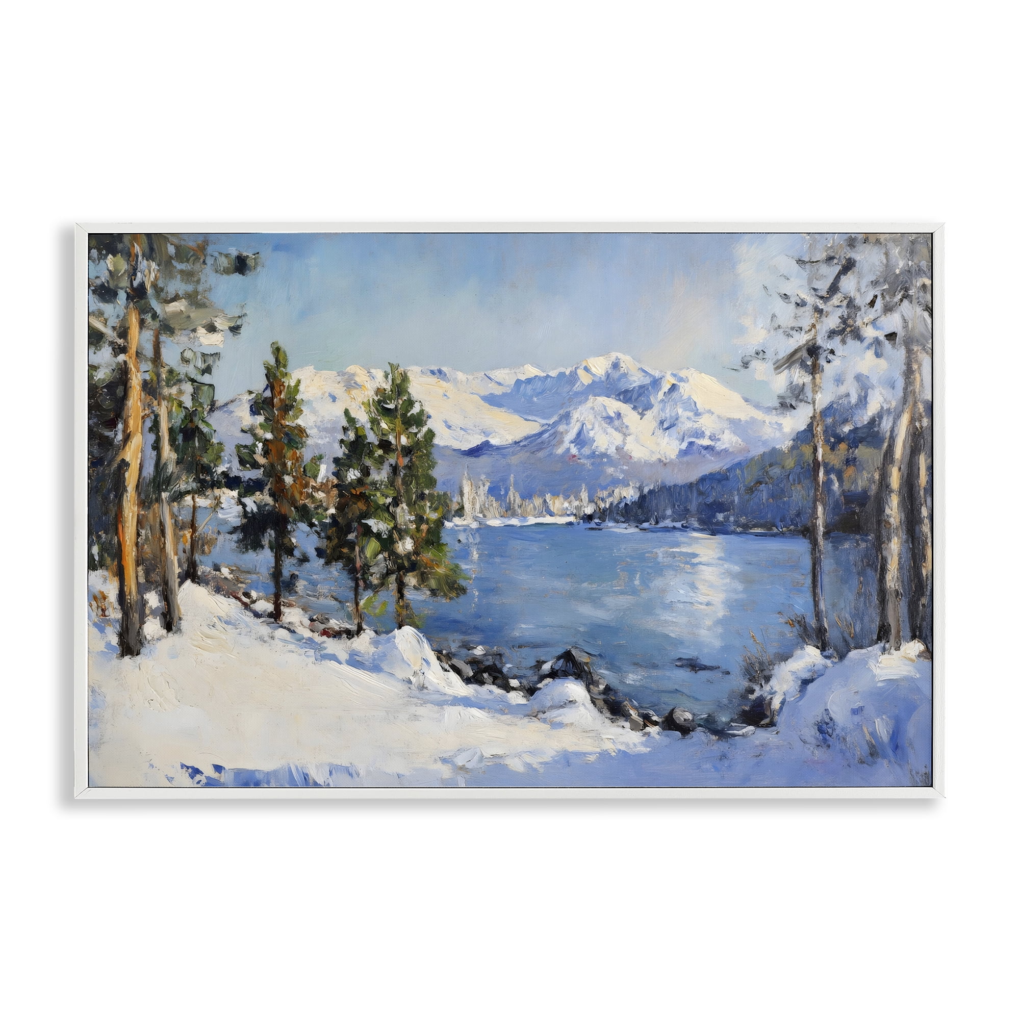 Winter Mountain Lake White Framed Giclee Art, design by Petal Prints Design