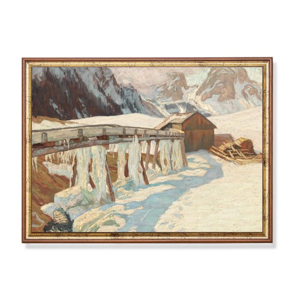 Winter Mountain Landscape Poster Rustic Barn, Icy Bridge Unframed Paper Print