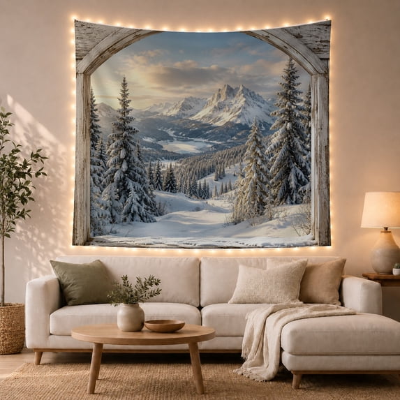 Winter Mountain Landscape in Snowy Evergreen Forest, Serene Rustic for Nature Lovers, Tranquil Wall Art Decor, Christmas Gift Tapestry Wall Hanging for Bedroom and Living Room