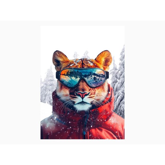 Winter Mountain Lion Portrait Poster – Whimsical Ski Goggles Art – 12x18 – UNFRAMED