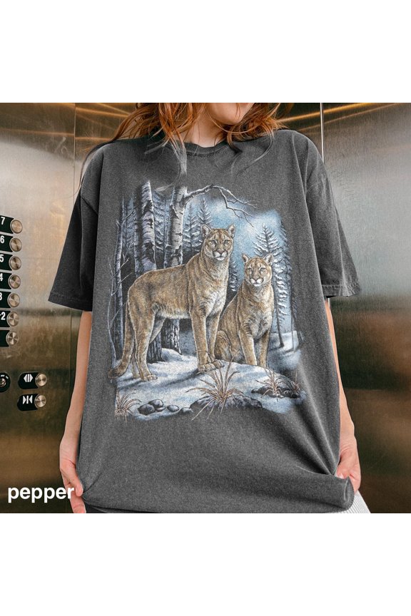 Winter Mountain Lion Tee Snowy Forest Scene Illustration Graphic Shirt Wilderness Top