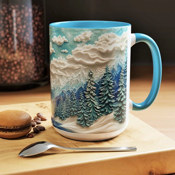 Winter Mountain Mug Snowy Pine Tree Coffee Cup Evergreen Landscape Ceramic Tea Mug Design