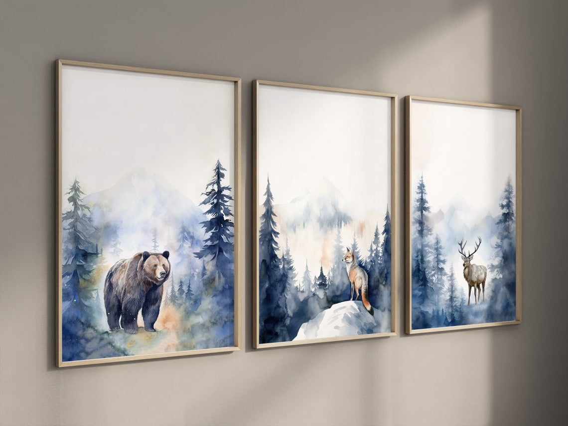 Winter Mountain Nursery Wall Art Blue Forest Set 3 Stretched Canvas ...