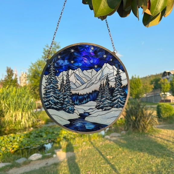 Winter Mountain Painted Stained Glass Suncatcher, Window Hanging Decor, Outdoor Sun Catcher Decor, Winter Wall Decor, Pine Forest Art