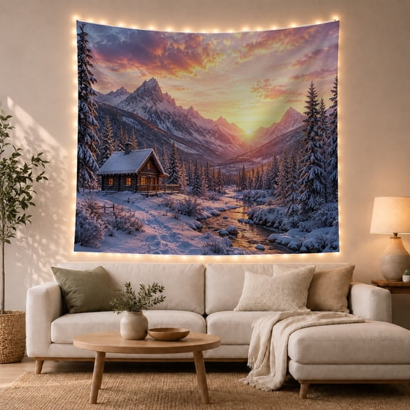Winter Mountain Sunset with Cabin in Snowy Valley Cozy Rustic for Nature Lovers, Scenic Landscape Art Decor Christmas Gift, Tapestry Wall Hanging for Bedroom and Living Room