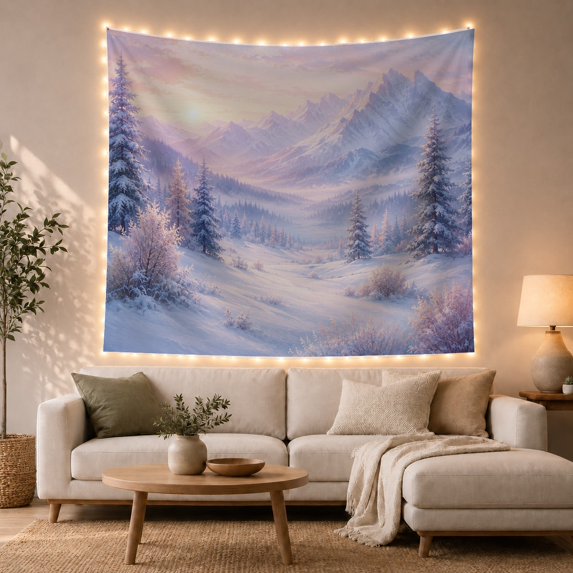 Winter Mountain Valley with Snowy Pines, Dreamy Painterly Style for Nature Lovers, Alpine Landscape Wall Art, Housewarming Gift, Tapestry Wall Hanging for Living Room and Bedroom