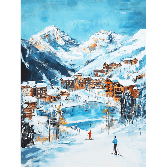 Winter Mountain Village Canvas Print/Wall Art Perfect for Living Room Bedroom Ski Lodge Hotel Lobby and Office Decoration.
