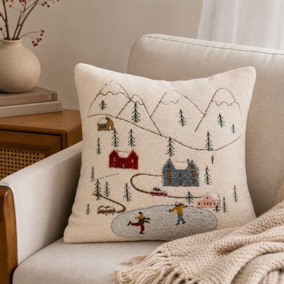Winter Mountain Village Embroidered Throw Pillow - 15.7Inch, Christmas Decorative Cushion