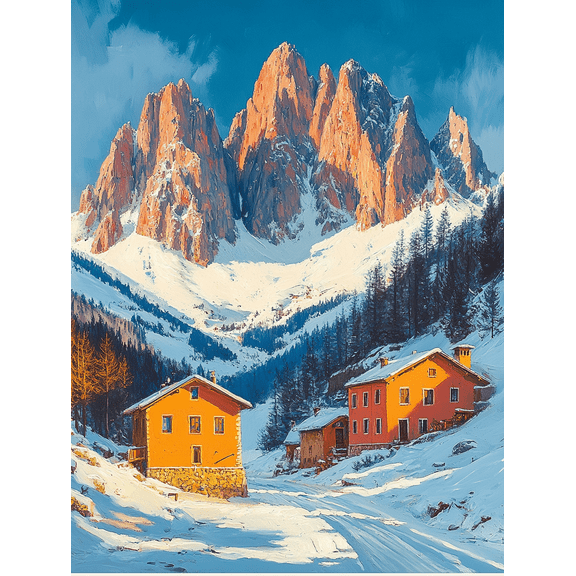 Winter Mountain Village Landscape Canvas Painting Suitable for Living RoomHotel and Gallery Wall Decor