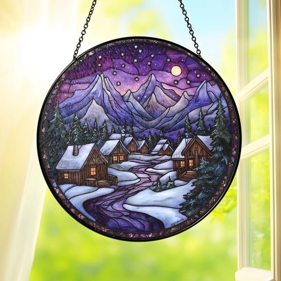 Winter Mountain Village Snowy Cabin Night Scene Stained Glass Suncatcher Window Hanging Rustic Home Decor