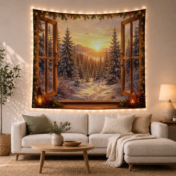 Winter Mountains Beyond an Open Window, Cozy Digital Art for Nature Lovers, Golden Snow Landscape Decor, Christmas Gift, Tapestry Wall Hanging for Bedroom and Living Room