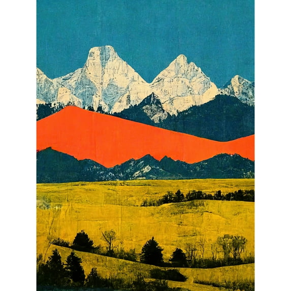Winter Mountains Landscape Modern Papercut Blue Orange Mustard Extra Large XL Wall Art Poster Print