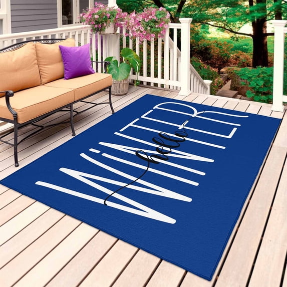 Winter Navy Blue Outdoor Rug 5x8 Ft, Non Slip Washable Area Rug, Christmas Xmas Modern Minimalist Words Art Patio Rugs Carpet Runner, Large Floor Mat for Indoor/Outdoor Deck Porch Camping