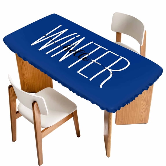 Winter Navy Blue Table Cloths for 4 Foot Rectangle Tables, Christmas Xmas Modern Minimalist Words Art Patio Waterproof Elastic Fitted Tablecloths, Washable Rectangular Table Cover for Camping