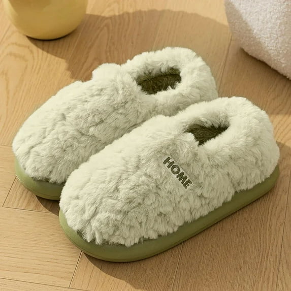 Winter New Plush Fluffy Slippers Women Warm Slip Non Thick Sole House Casual Shoes Woman Comfortable Soft Fur Indoor Home Slides (Green,36-37)