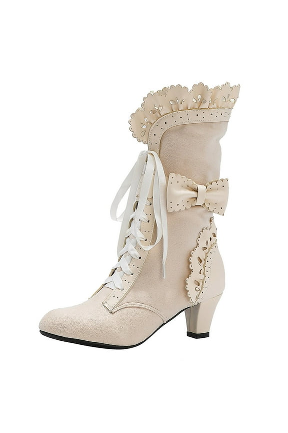 Winter New Women Casual Boots Womens Shoes Plus Size Lace Bow High Thick Heel Front Lace Up Plus Size Womens Short Boots