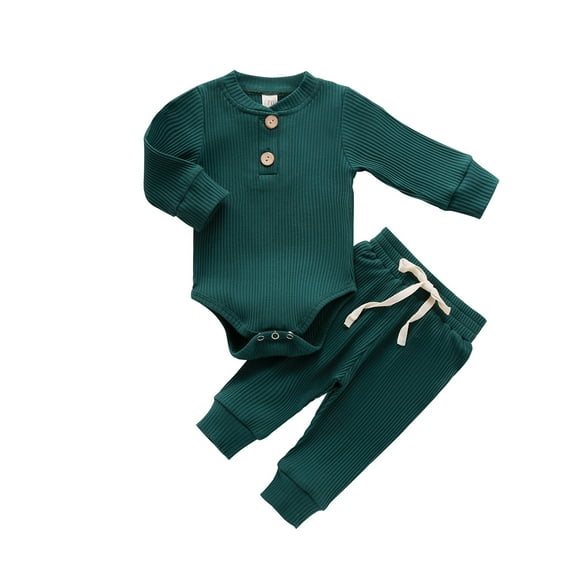 Winter Newborn Baby Boy Girl Clothes Set Ribbed Outfits Unisex Infant Solid Cotton Button Long Sleeve Tops Pants 2PCS