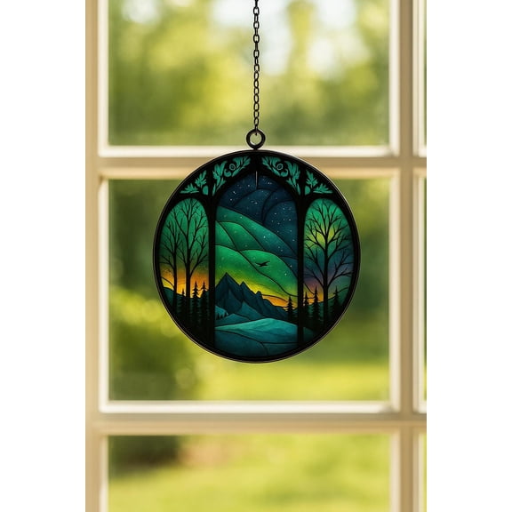 Winter Night Acrylic Suncatcher Window Hanging, Single-Sided UV Printed Faux Stained Glass, Northern Lights Tree Aurora Borealis, Christmas 2025 Ornament