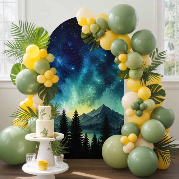 Winter Night Arch Backdrop Cover, 4FT, Wilderness Blue Green Black Forest Pine Tree Mountain Spandex Arch Covers Double-Sided Backdrop for Wedding Birthday Party Photo Background Decoration