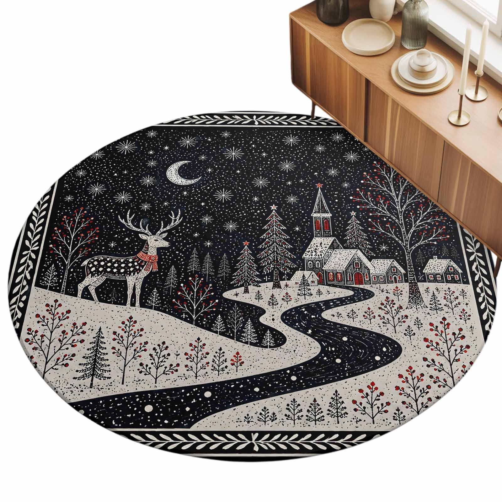 Winter Night Area Rug 8', Country Forest Farmhouse Deer Pine Trees Moon ...