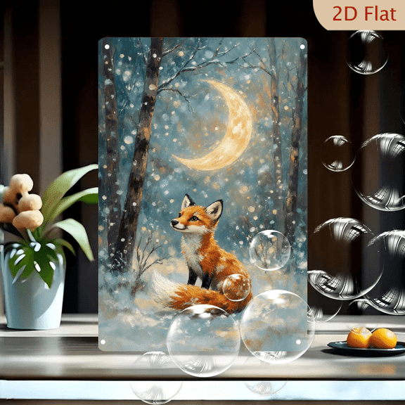 Winter Night Forest Art 8x12 Metal Wall Decor, Serene Red Fox in Snow with Glowing Moon, Magical Cool Blue and Warm Gold Landscape Painting for Living Room Bedroom