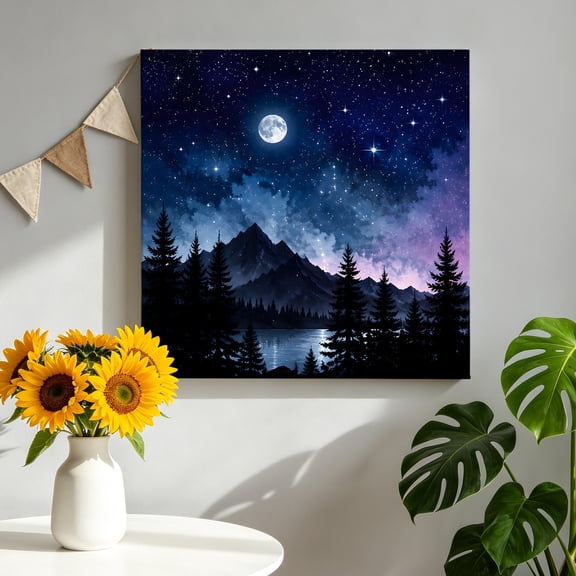 Winter Night Landscape Canvas Wall Art, Forest Sky Moon Stars Pine Trees Mountain Pictures Wall Decor Wooden Framed Artwork Art Prints for Living Room Hallway Bedroom Office 8"x8"