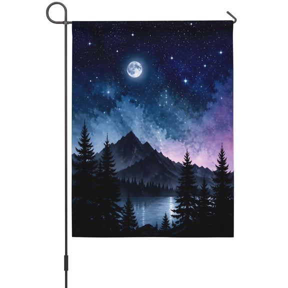 Winter Night Landscape Garden Flag 12 x 18 Inches, Forest Sky Moon Stars Pine Trees Mountain Weather Proof Outdoor Patio Flags Double Sided Small Garden Decoration for Yard Outside Home