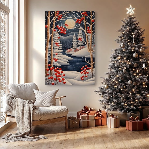 Winter Night Landscape Wall Art Frost River And Snowy Tree Poster Red Berries Poster Winter Decor Ready To Hang UNFRAMED Poster, Wall Art for Decor, Present, 16x24