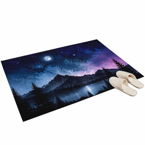 Winter Night Landscape Washable Area Rug 2 x 3 ft Forest Sky Moon Stars Pine Trees Mountain Soft Non‑Slip Rugs Stain Repellent Indoor Mats for Front Door, Narrow Hallway, Kitchen Doorway, Bedside