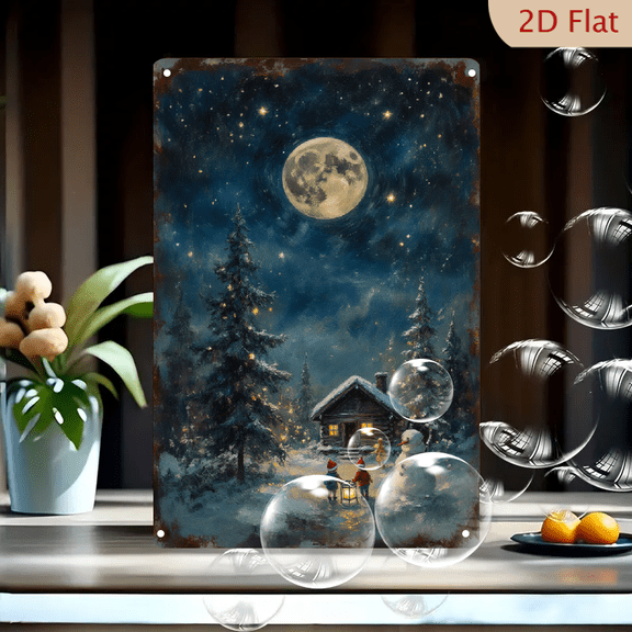 Winter Night Scene 8x12 Inches Metal Wall Art, Serene Snowy Landscape with Cozy Cabin, Starry Moonlit Sky, Vintage Painterly Style Decor for Home Living Room