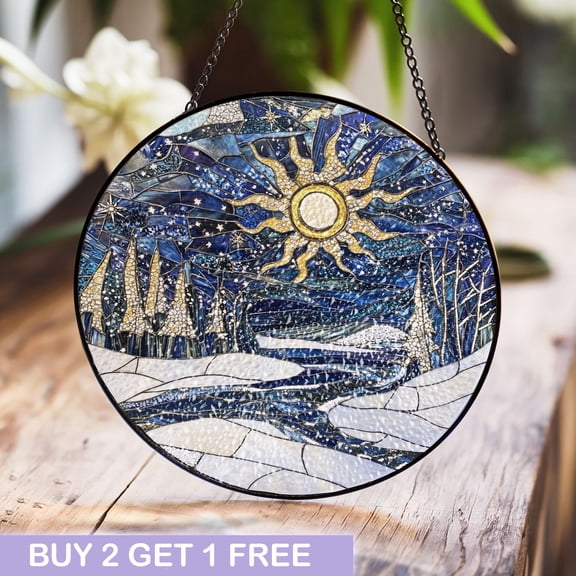 Winter Night Sky Stained Glass Panel with Radiant Sun and Snowy Landscape for Elegant Seasonal Window Decor