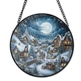 thumbnail image 1 of Winter Night Village Scene Stained Glass Style Suncatcher, UV Printed Glass, Christmas Snowy Landscape Decor, Round, 1 of 8