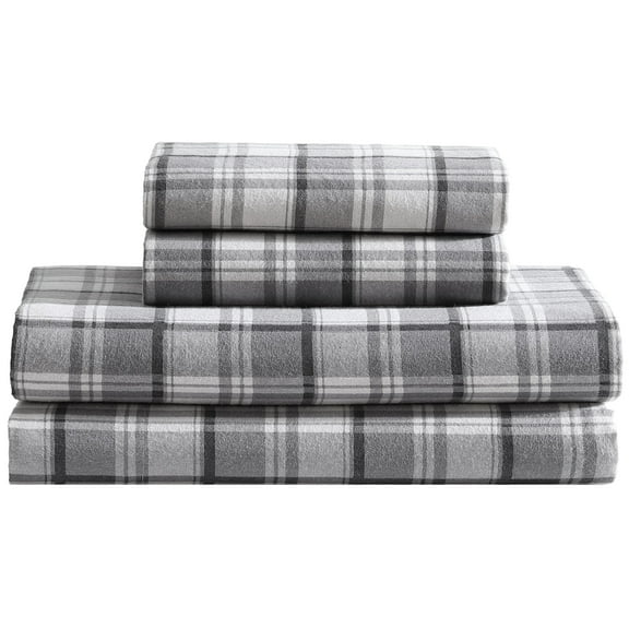 Winter Nights Cotton Flannel Bed Sheet Set, Full, Gray Plaid