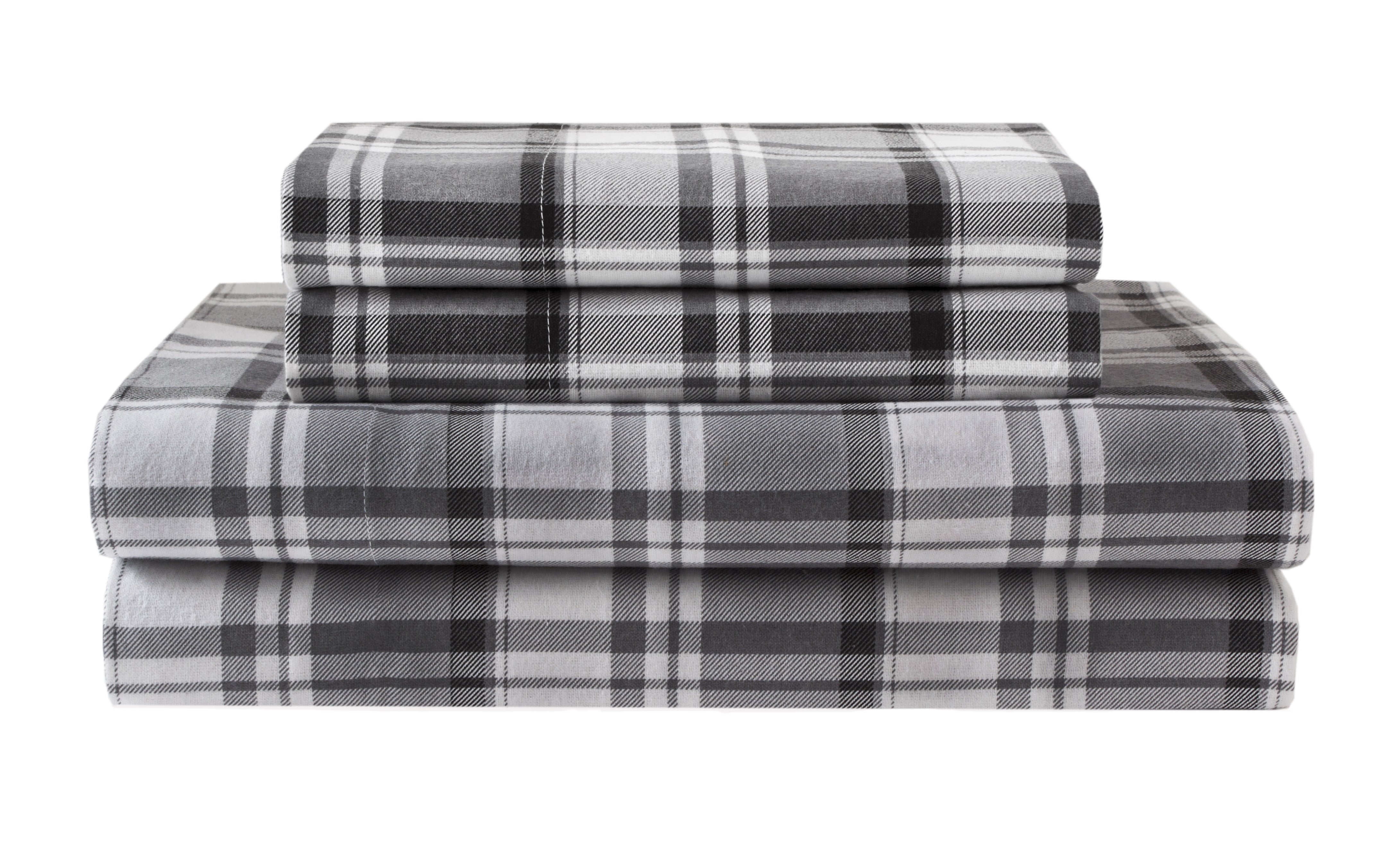 Full Gray Plaid Cotton Flannel Bed Sheet Set
