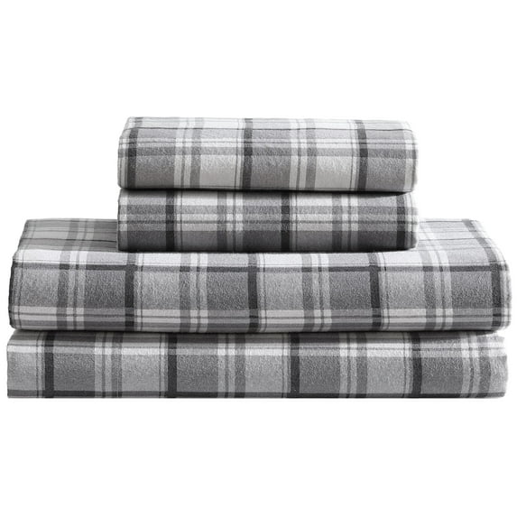 Winter Nights Cotton Flannel Bed Sheet Set, King, Gray Plaid