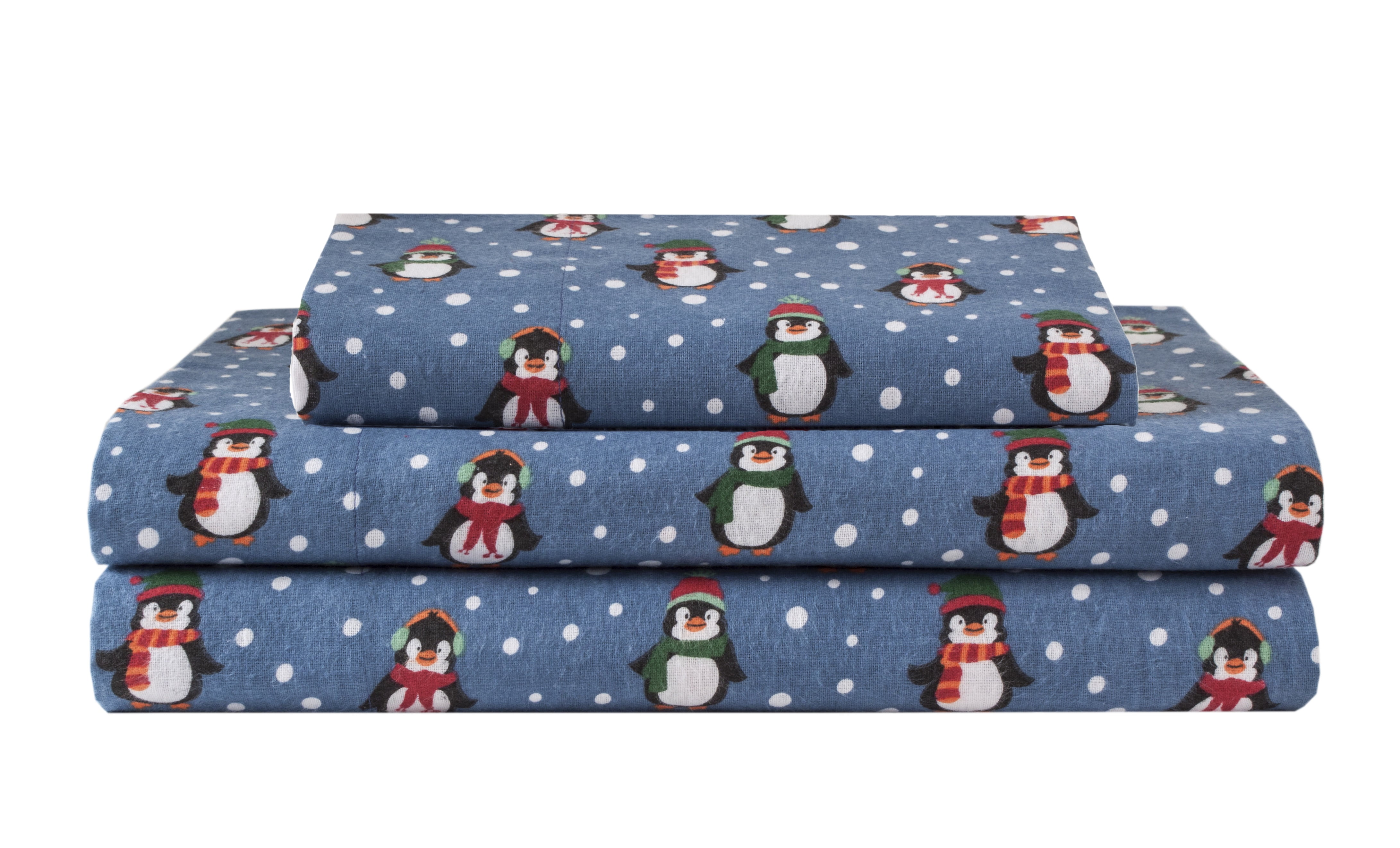 Twin Blue Cotton Flannel Sheet Set with Penguin Print