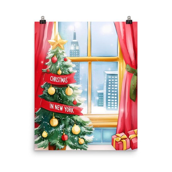 Winter In Nyc Print, Window View Wall Art, Manhattan Seasonal Decor, Winter Tree Artwork, Festive Cityscape Home Decor #3576, Unframed Poster Size 8x12