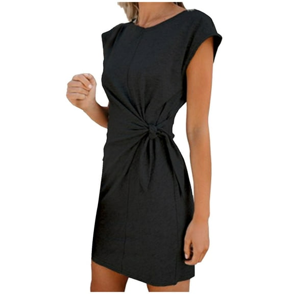 Winter O-Neck Bat Sleeve Short Dress for Women Side Waist Tie Knot Lounge Dress Solid Color Pleated Dresses