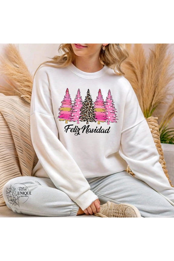 Winter Occasion Pink Tree Feliz Navidad Sweatshirt, Mexican Winter Occasion Sweater, Mexican Occasion Long Sleeve, Feliz Navidad Hoodie, Winter Occasion Hoodie, Full size S-5XL
