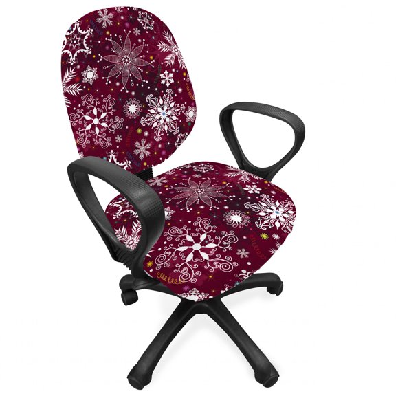 Winter Office Chair Slipcover, Floral Flakes with Colorful Swirls Dots and Stars Xmas Party, Protective Stretch Decorative Fabric Cover, Standard Size, Maroon White Multicolor, by Ambesonne