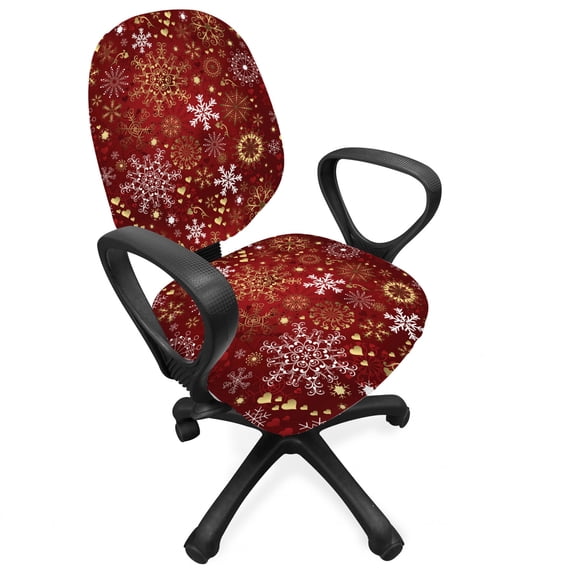 Winter Office Chair Slipcover, Old Fashioned Christmas Hearts and Swirls Vintage Composition, Protective Stretch Decorative Fabric Cover, Standard Size, Vermilion Yellow, by Ambesonne