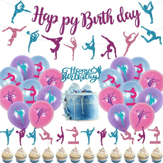 Winter Olympic Gymnastics Birthday Party Decorations with Colorful Balloons Banner Player Shape Cake Topper for Background Gymnast Party Supplies Kit