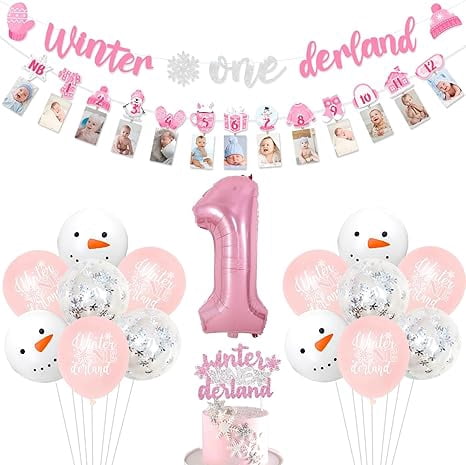 Winter Onederland 1st Birthday Girl Decorations, Winter Onederland Snowflake Banner Monthly Photo Banner Cake Cupcake Toppers, White Pink 1 Foil Balloon for Girls First Birthday Party