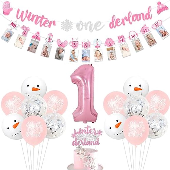 Winter Onederland 1st Birthday Girl Decorations, Winter Onederland Snowflake Banner Monthly Photo Banner Cake Cupcake Toppers, White Pink 1 Foil Balloon for Girls First Birthday Party