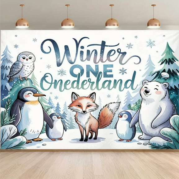Winter Onederland Backdrop for Boys Blue Winter Wonderland 1st Birthday Photography Background Snowy Forest Animal Fox Penguins Owls Polar Bear Birthday Party Decorations Banner Photo Booth Props