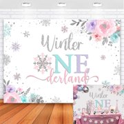 Winter Onederland Backdrop Winter Onederland First Birthday Party Decorations Girl Snowflake 1st Onederland Birthday Banner Background Blue Pink and Silver
