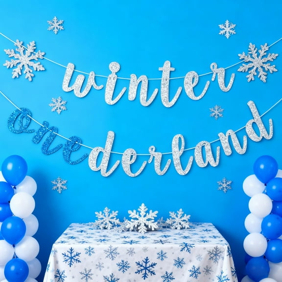 Winter Onederland Banner - Silver & Blue Sparkle Letter Decor for Winter 1st Birthday Party Supplies 1PC