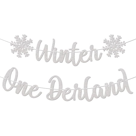 Winter Onederland Banner - Winter 1st Birthday Party Decor, Snowflake Themed Baby First Birthday Party Sign, Silver Glitter Paper